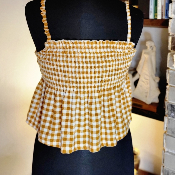 NWT - SO Goods For Life (Med) Velour Smocked Gold Gingham Checked Peplum Tank - Picture 5 of 6